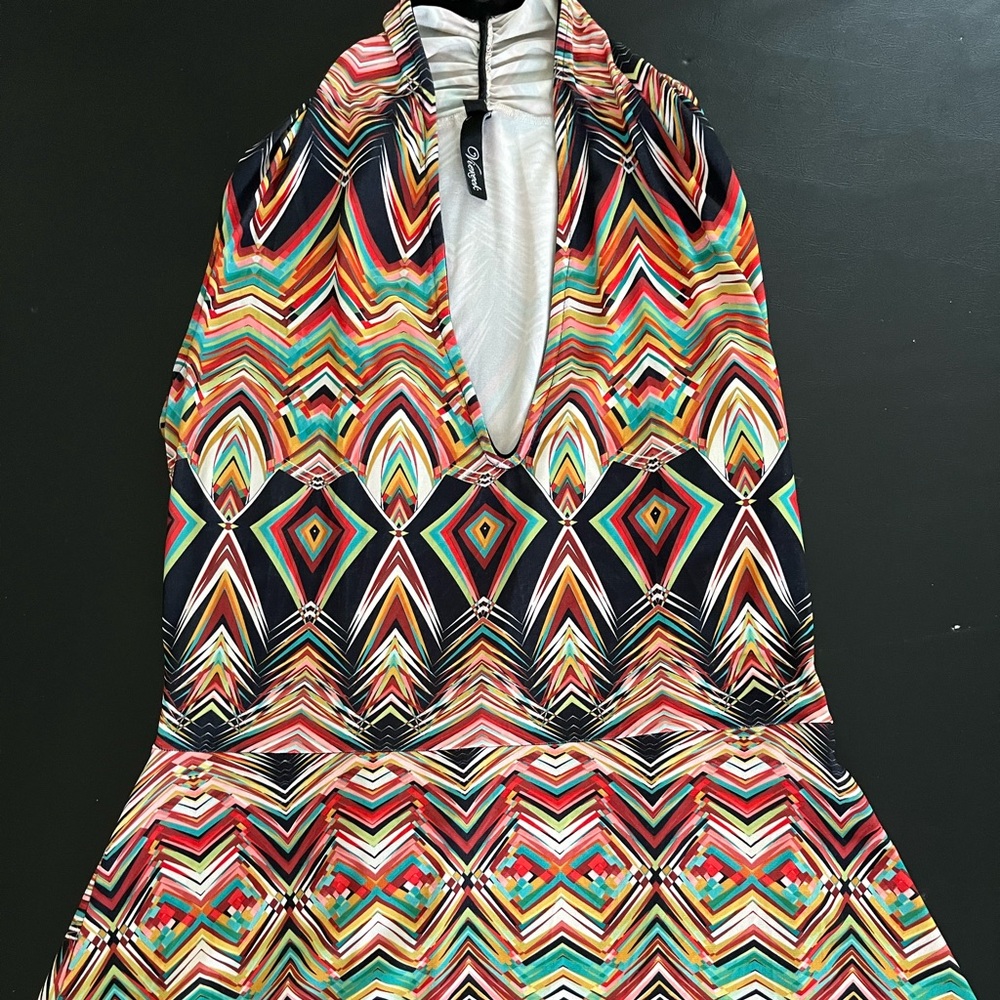 Stretch material, deep multi color, size L, V Neckline